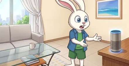 お部屋のスマートスピーカーに話しかけてフロントへ用件を伝えるイラスト